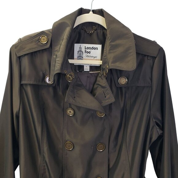 London Fog Metallic Bronze Tie Waist Trench Coat Size M/L - Picture 4 of 9